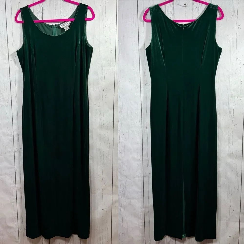 Vintage Adrianna Papell Emerald Green Velvet Maxi Dress Y2K Old Money Holiday